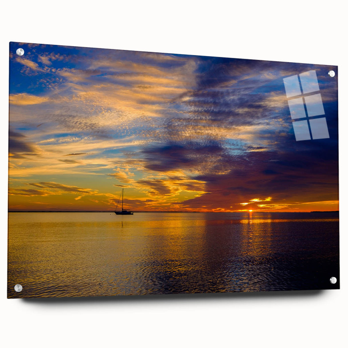 Acrylic print of the Florida Keys with vivid blue and green tones, ideal for dining room decor.