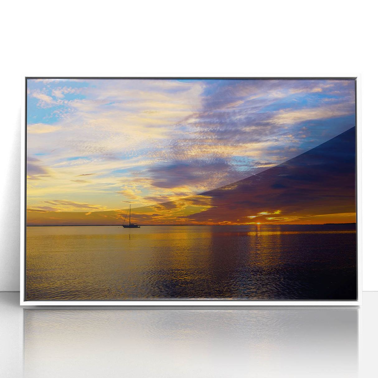 Acrylic print of Florida Keys landscape in art deco style, featuring serene blue waters and a clear sky, framed in white.