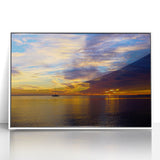 Acrylic print of Florida Keys landscape in art deco style, featuring serene blue waters and a clear sky, framed in white.