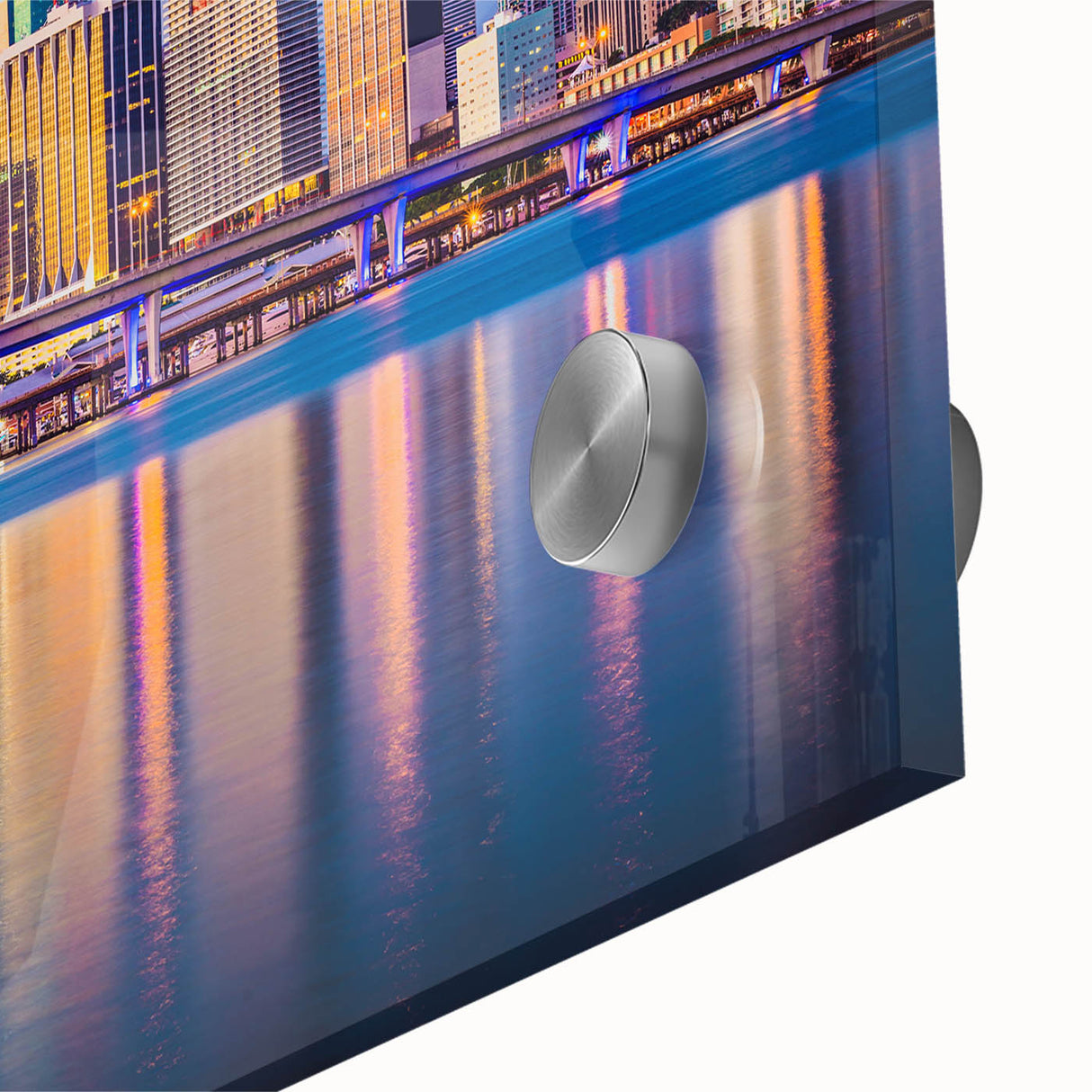 Large abstract wall art of Miami skyline in vibrant hues on acrylic glass, ideal for dining room ambiance.