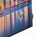 Large abstract wall art of Miami skyline in vibrant hues on acrylic glass, ideal for dining room ambiance.