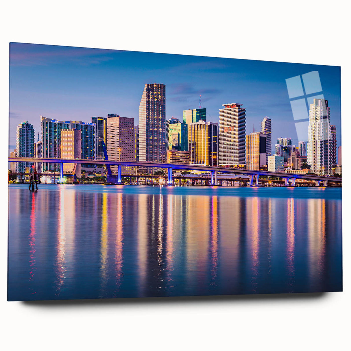 Large abstract depiction of Miami skyline in vibrant twilight hues on acrylic glass, ideal for bedroom or dining room art.