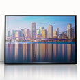 Large abstract wall art of Miami skyline in muted gray and blue tones on framed acrylic, ideal for modern living room decor.