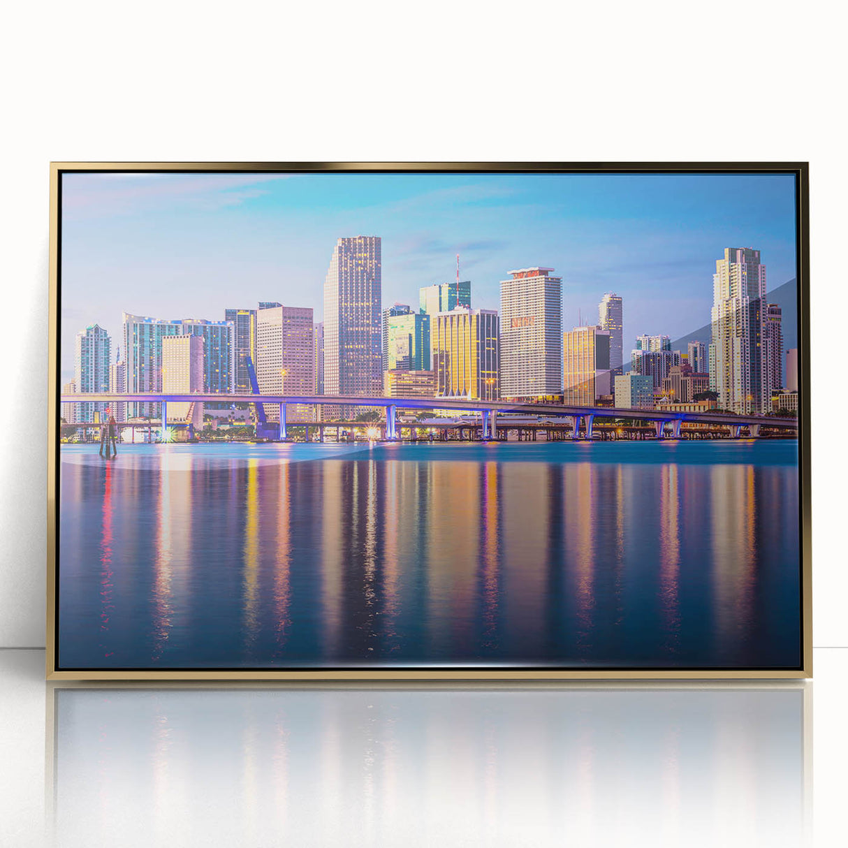 Acrylic print of Miami skyline in pastel shades, framed in gold, suitable for modern art wall decor.