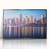 Acrylic print of Miami skyline in pastel shades, framed in gold, suitable for modern art wall decor.