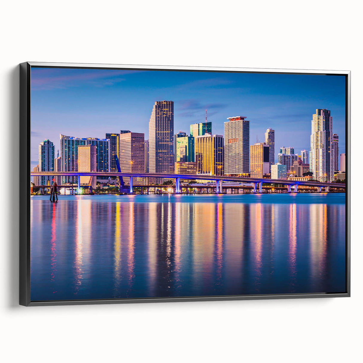 Black and white framed canvas of Miami landscape with vintage poster art style, ideal for bedroom decor.