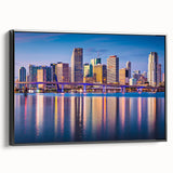 Black and white framed canvas of Miami landscape with vintage poster art style, ideal for bedroom decor.