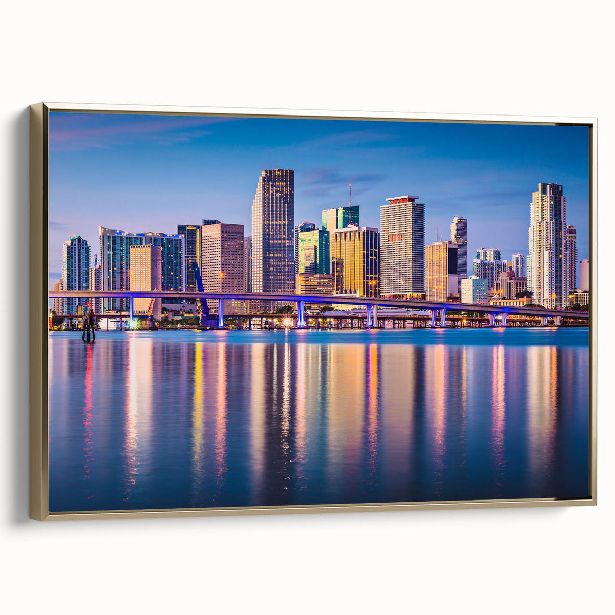 Framed canvas depicting a vintage-style Miami landscape in muted gold and black tones, suitable for bedroom wall art.