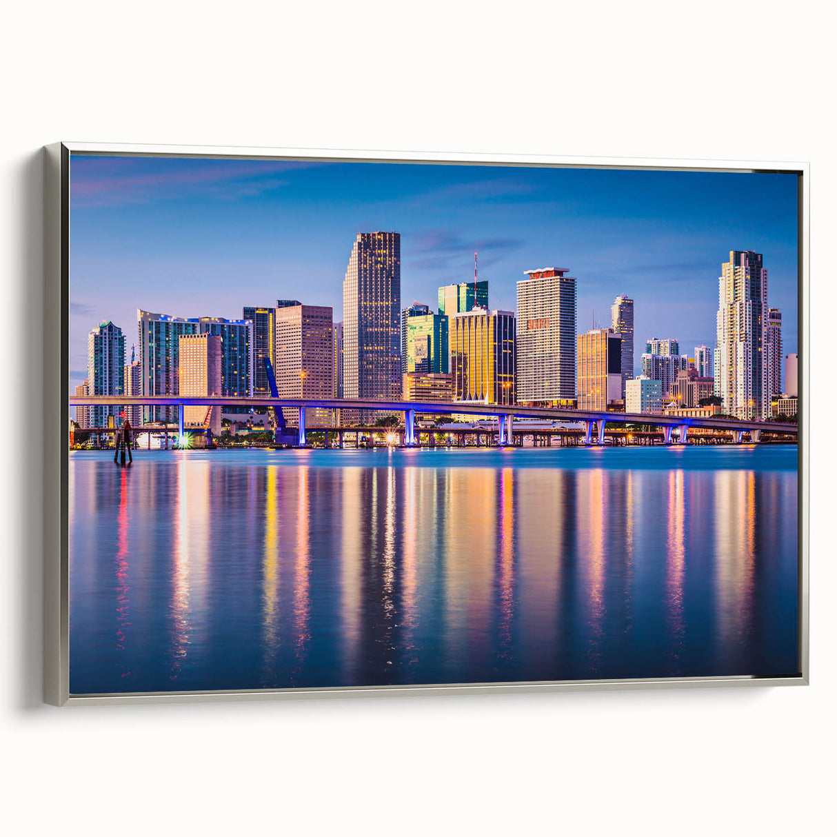 Framed canvas of a vintage Miami landscape painting in vibrant colors on a black background, ideal for living room decor.