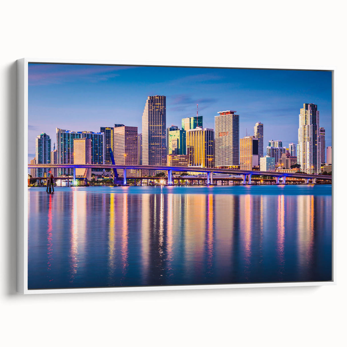 Vintage poster art of Miami skyline in vibrant colors on a large framed canvas, ideal for living room decor.