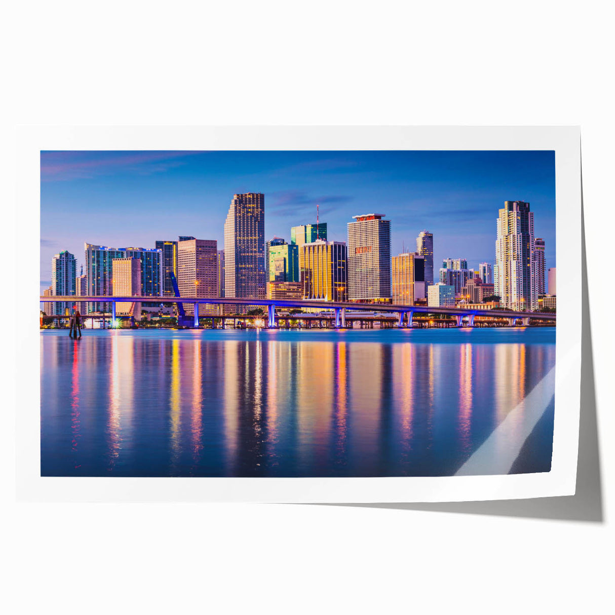 Rolled print of Miami scenery with vibrant oceanic and city hues, ideal for art wall dining room.