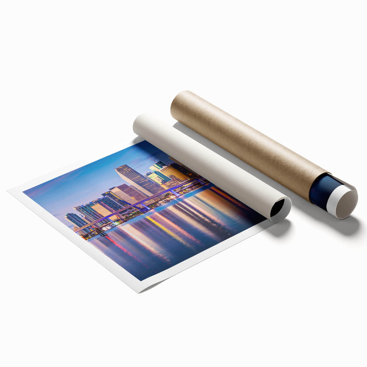 Rolled print of Miami scenery with vibrant floral elements in pastel shades, ideal for classy bathroom wall art.