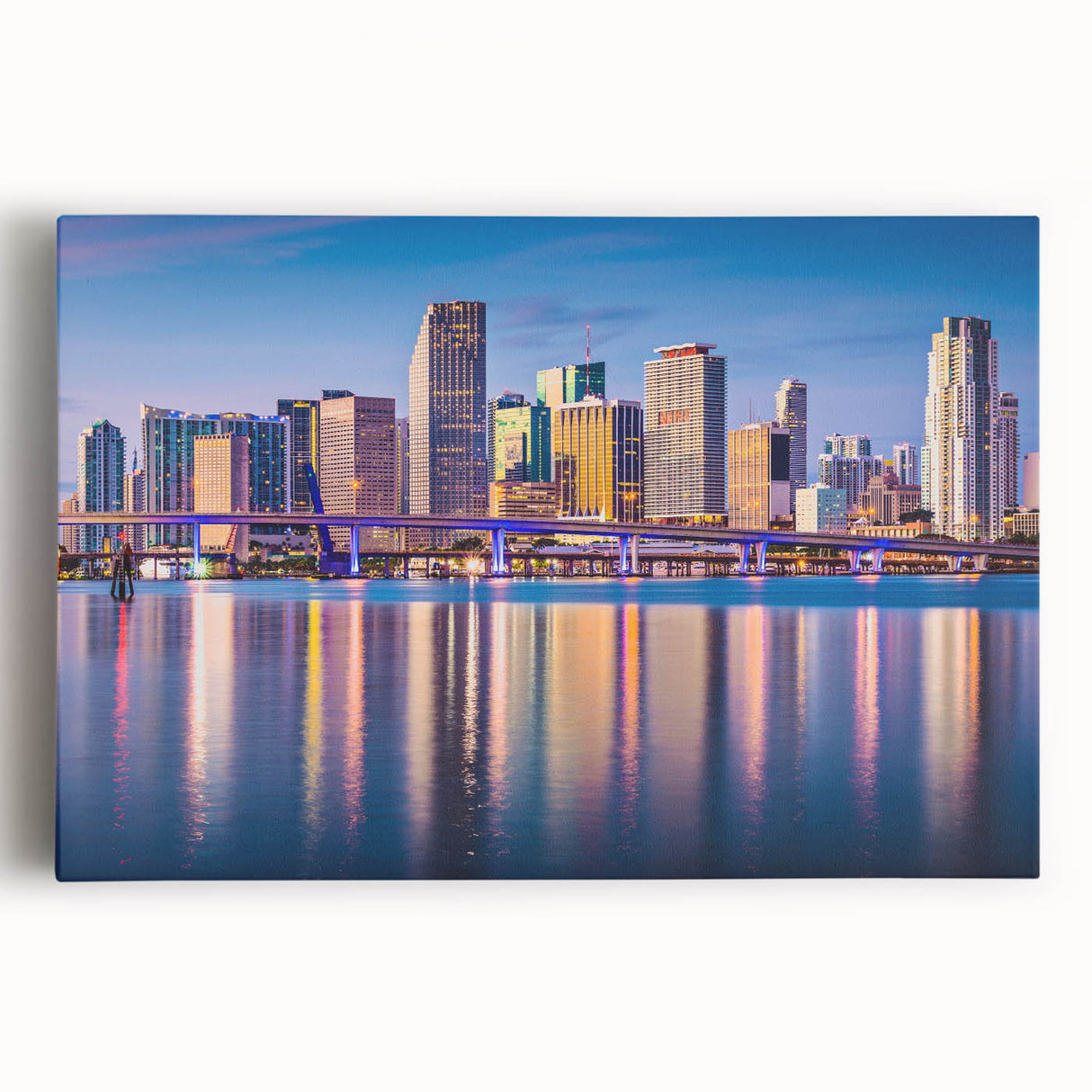Black and white large art print of Miami skyline on stretched canvas, suitable for kitchen wall art.