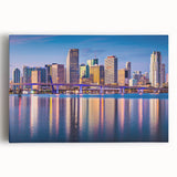 Black and white large art print of Miami skyline on stretched canvas, suitable for kitchen wall art.