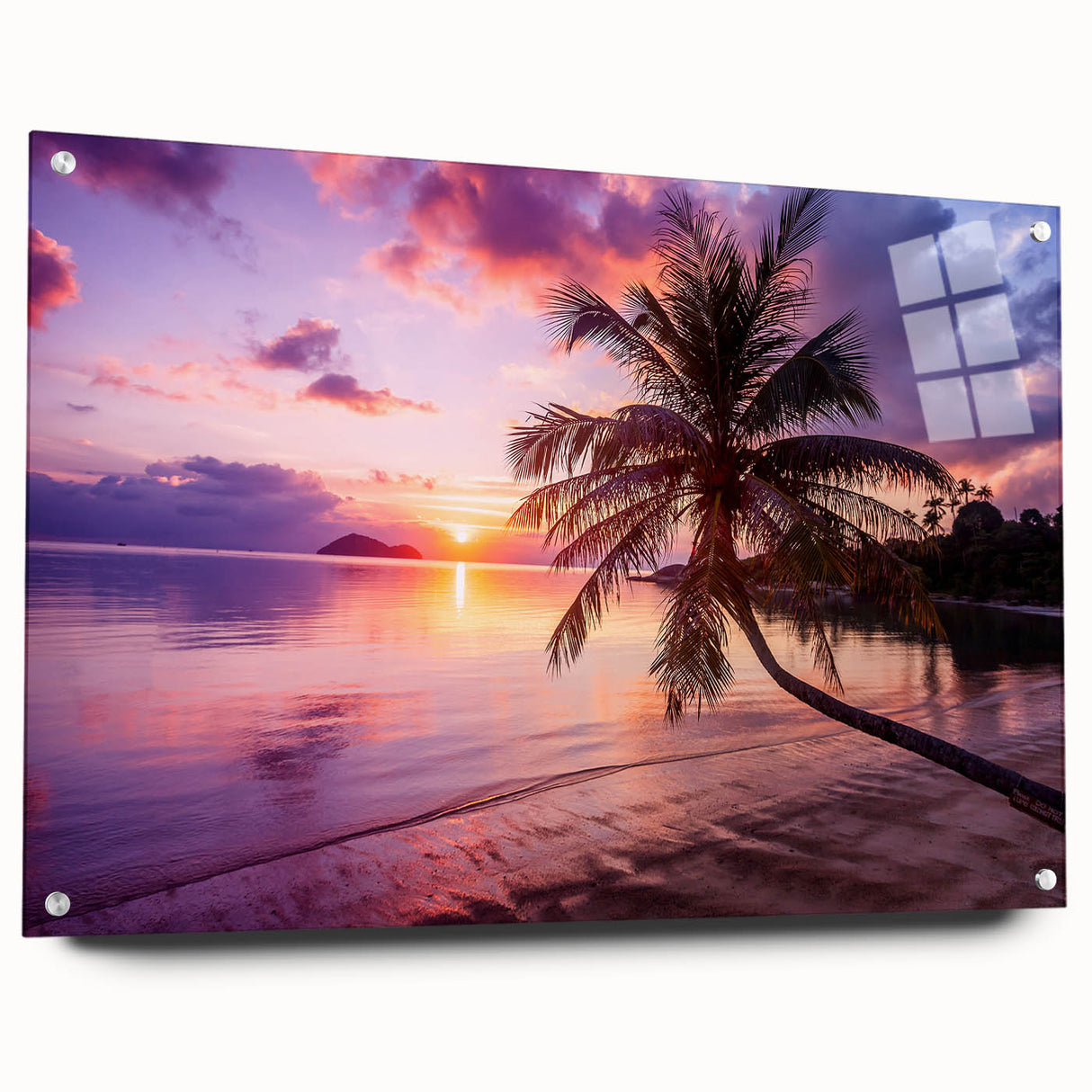 Acrylic print of a serene Palm Beach scenery with soft blue and pink hues, ideal for bedroom or dining room decor.