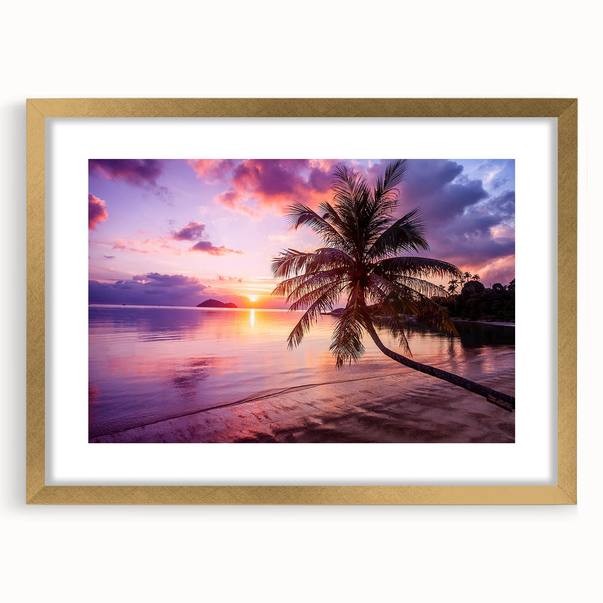 Extra large abstract art print of Palm Beach with textured design in muted gold tones, framed with a mat.