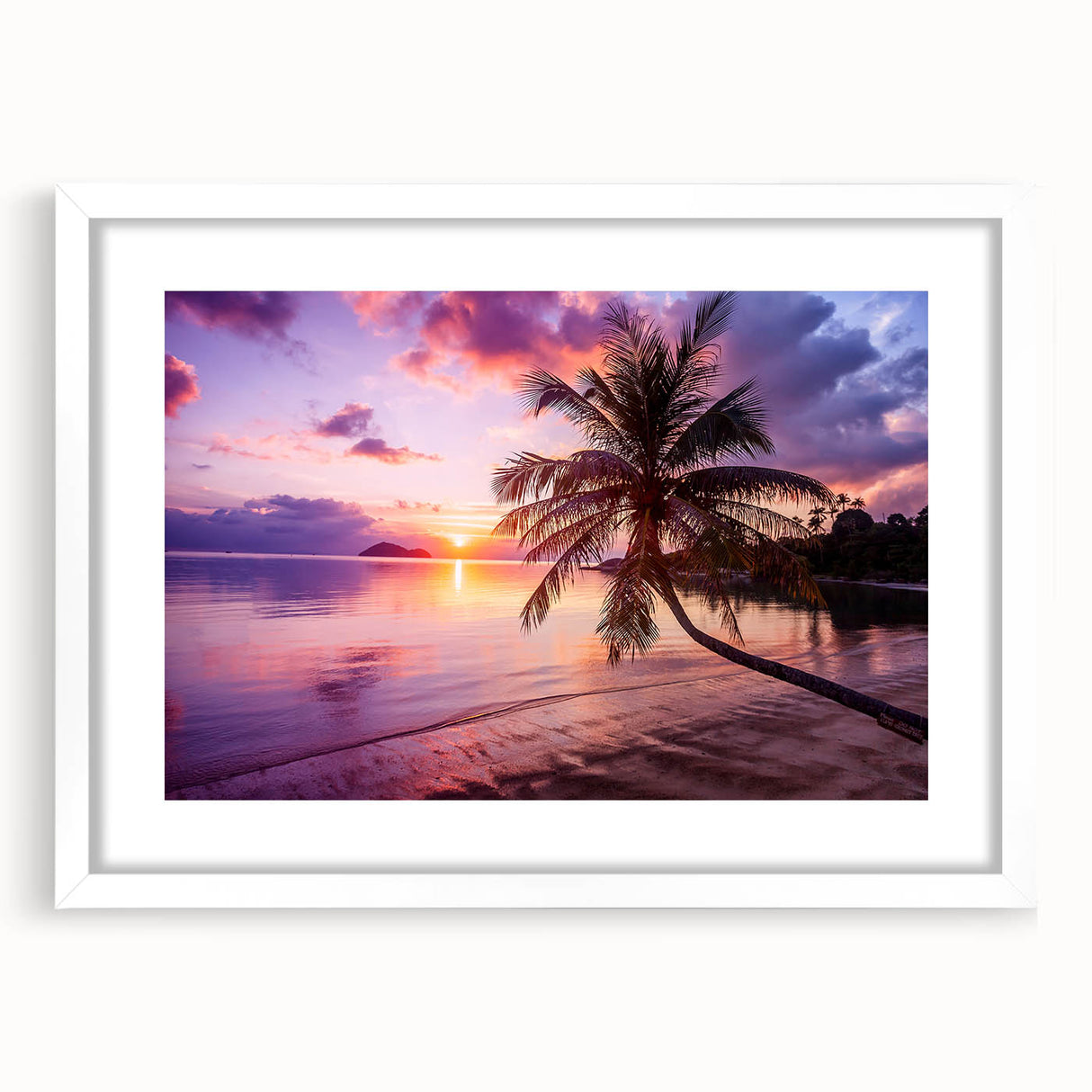 Abstract art print of Palm Beach with vibrant blue and pink hues on a framed white mat, ideal for dining room decor.