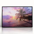 Large abstract wall art of Palm Beach in muted blue and pink tones, framed in black acrylic.