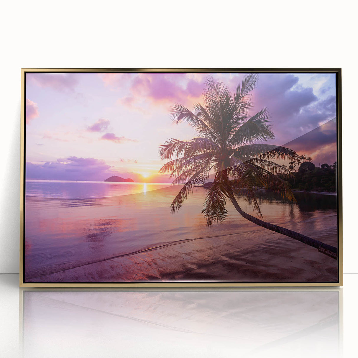 Image of a mid-century modernist style Palm Beach scenery with muted gold and blue tones, framed acrylic print.