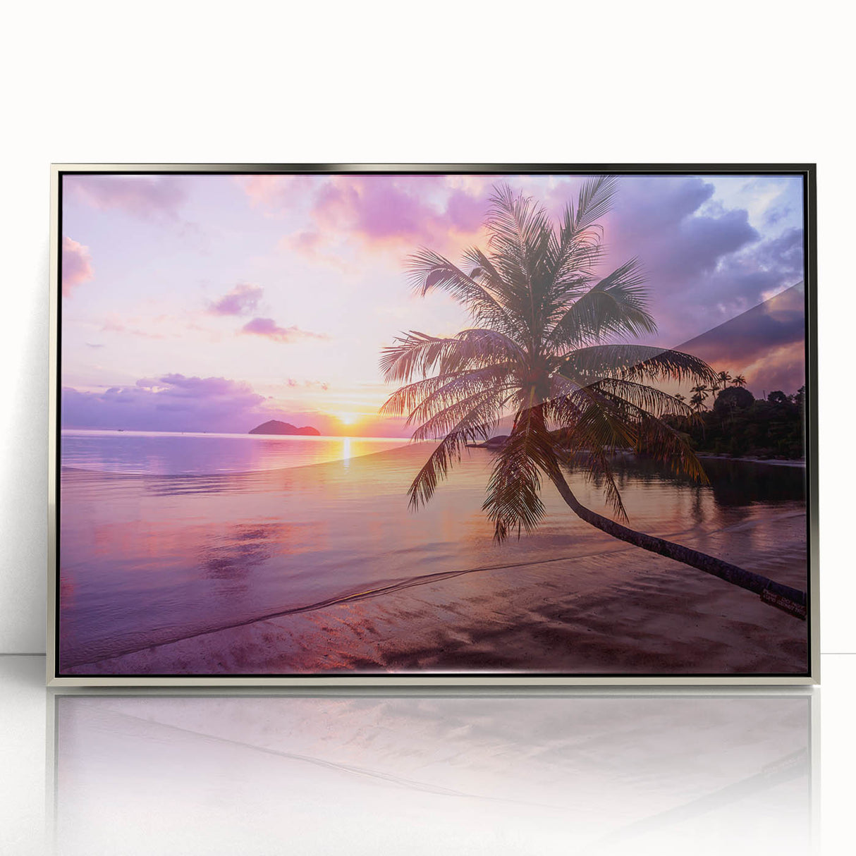 Mid-century modernist art of Florida's Palm Beach with muted pastels on a silver-framed acrylic print.