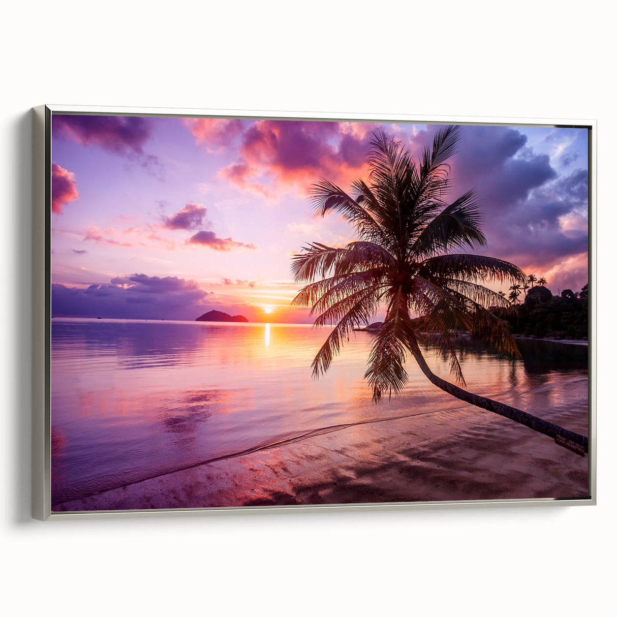 Framed canvas of a vintage-style Palm Beach landscape painting with vibrant colors on a black background.