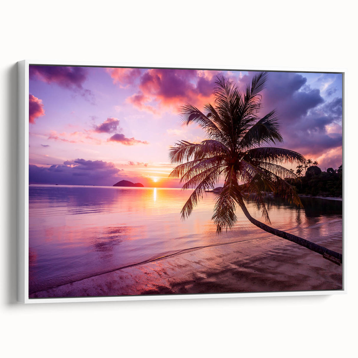 Vintage poster art of Palm Beach with colorful imagery on a large framed canvas, ideal for living room decor.