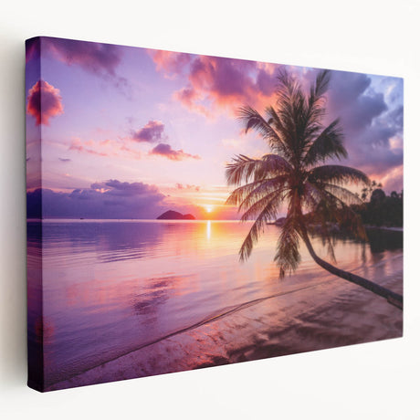 Large art print of Palm Beach scenery on stretched canvas, featuring pastel sunset colors, ideal for kitchen wall art.