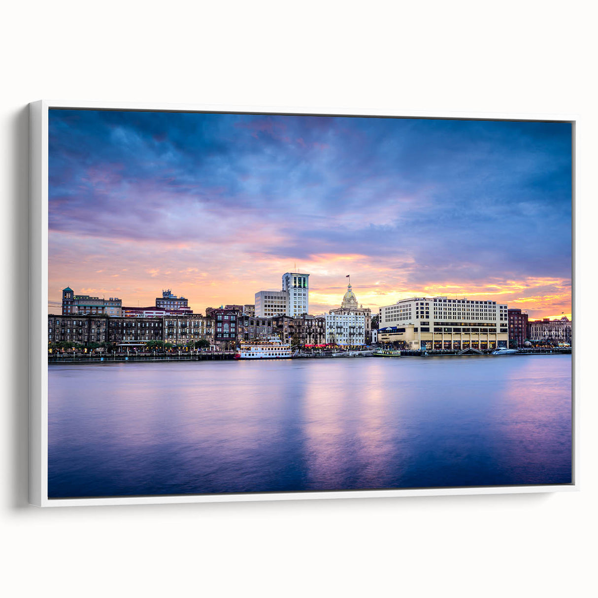 Vintage poster art of Savannah, Georgia on a framed canvas, featuring colorful art in extra large size.