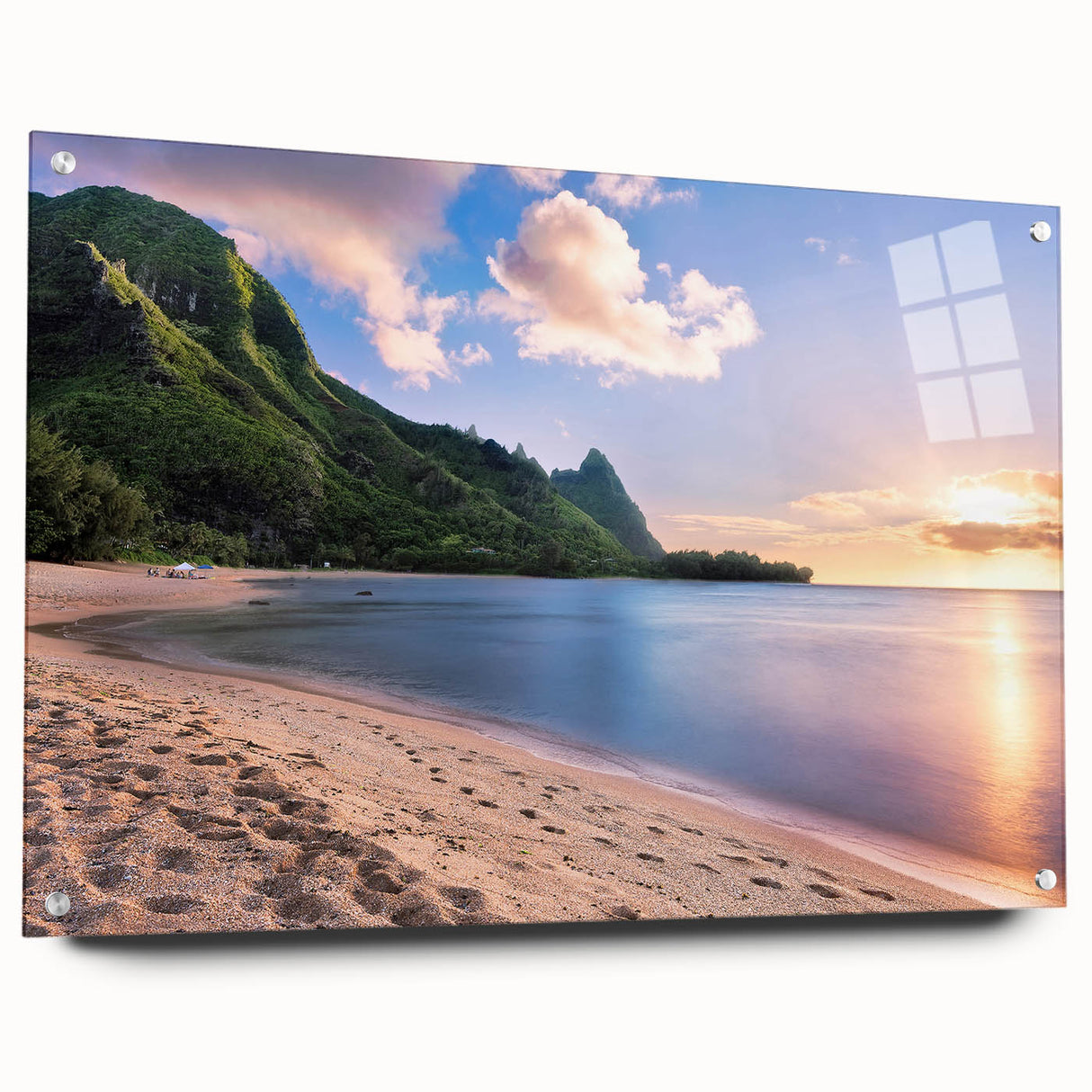 Acrylic print of a large abstract depiction of Kauai's landscape in vibrant greens and blues.