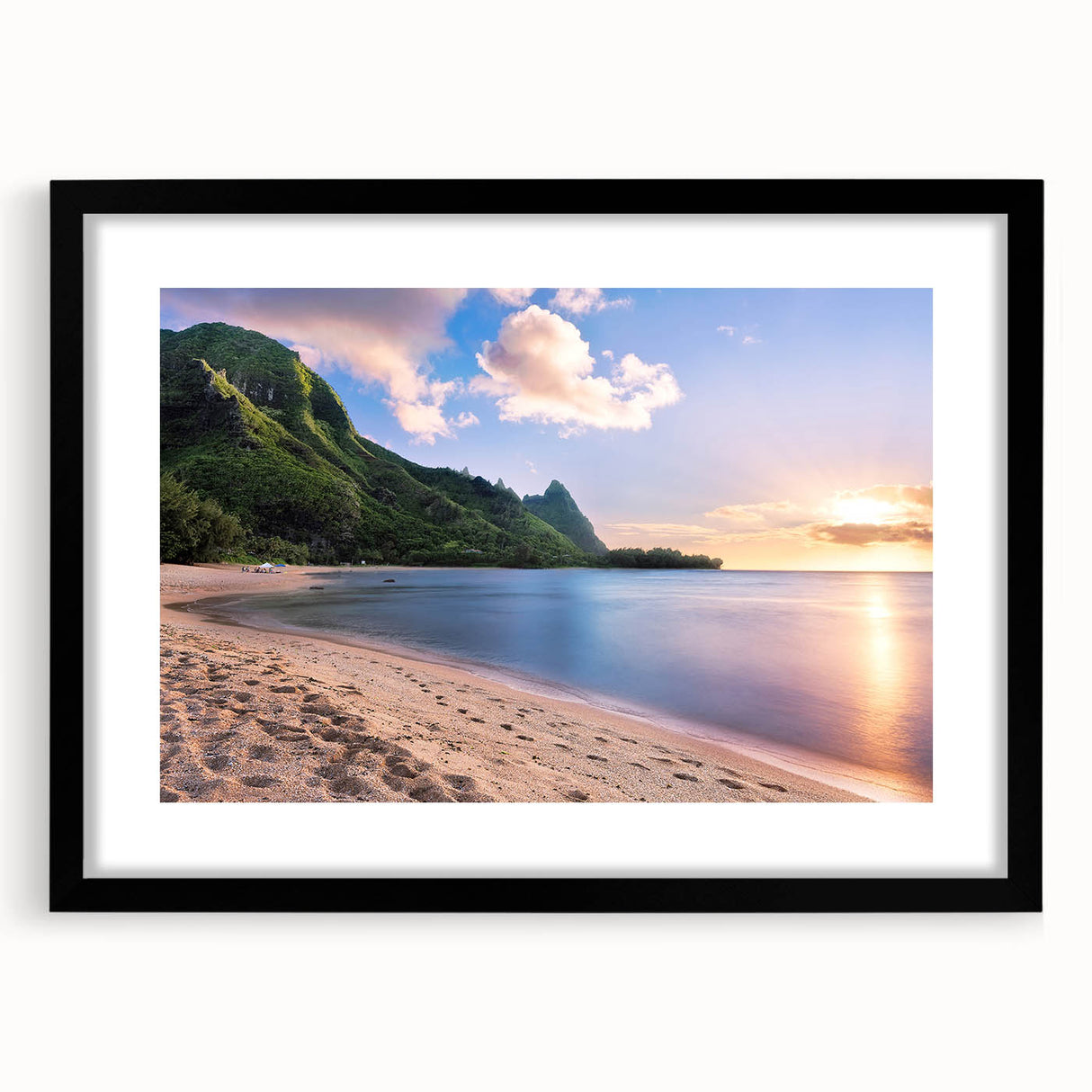 Extra large abstract art print of colorful, textured Hawaiian scenery on a black framed canvas, ideal for living room decor.