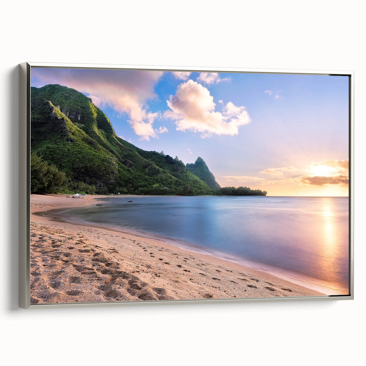 Framed canvas landscape art painting of Kauai, Hawaii, featuring vibrant green and blue tones, ideal for living room decor.