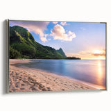 Framed canvas landscape art painting of Kauai, Hawaii, featuring vibrant green and blue tones, ideal for living room decor.