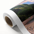 Art Deco poster depicting the scenic Kauai landscape in muted green and blue tones on rolled canvas.