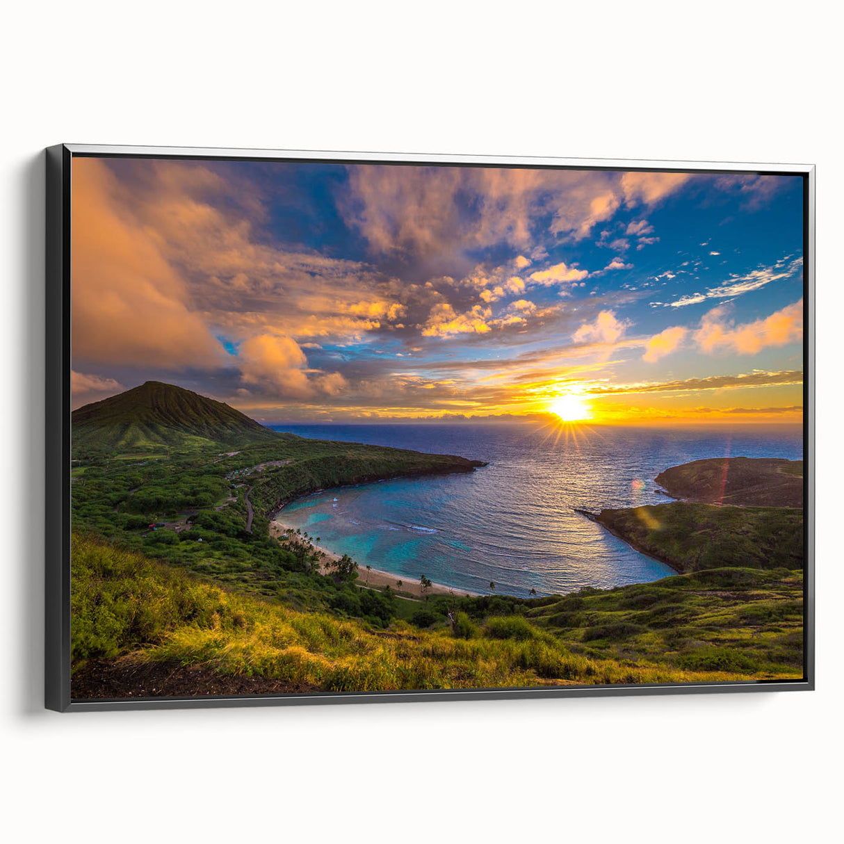 Black and white framed canvas of Oahu landscape, in a vintage poster style, suitable for bedroom decor.