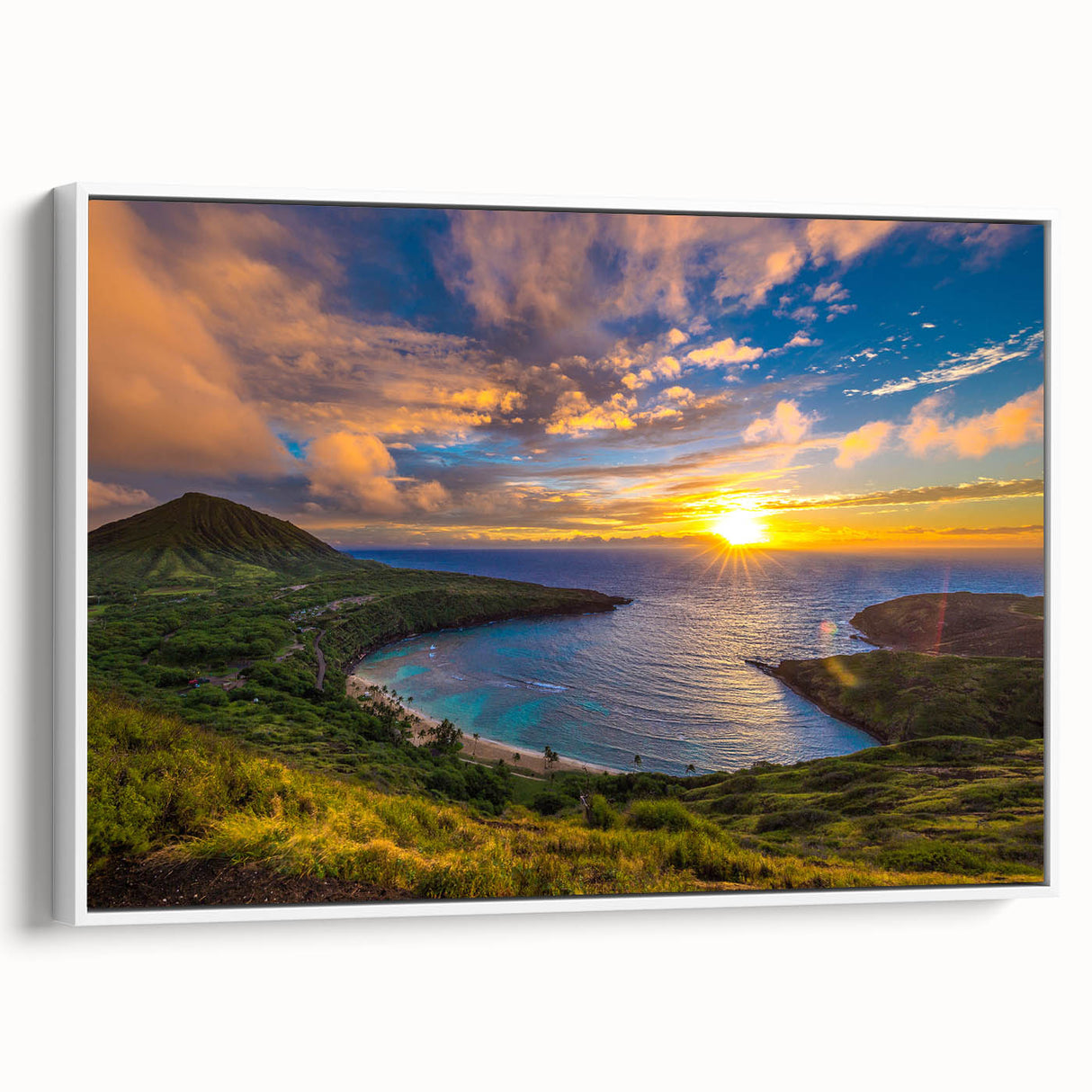 Vintage poster art of Oahu, Hawaii, featuring vibrant colors on extra large framed canvas, ideal for living room decor.