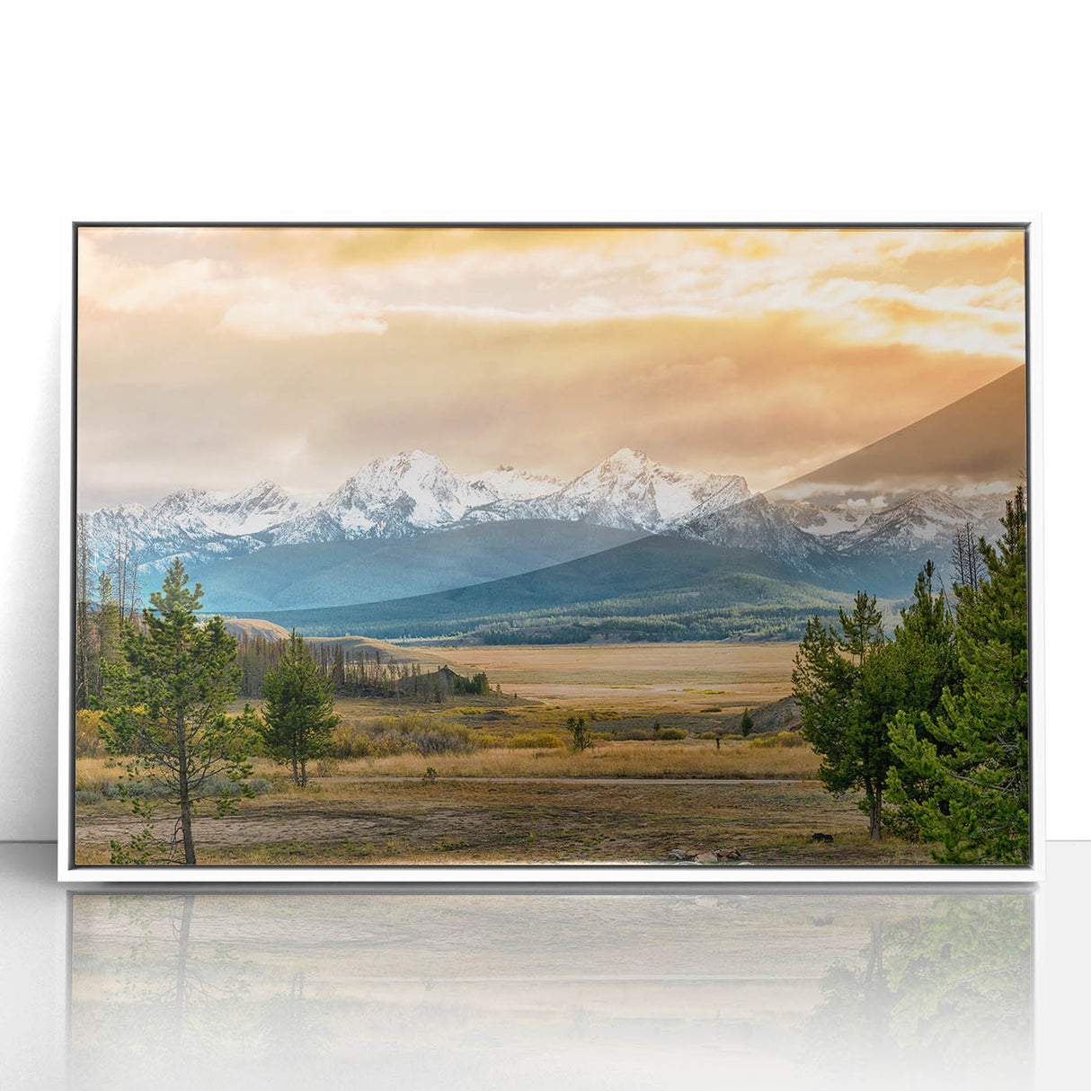 Art deco poster depicting a serene Idaho landscape on a framed acrylic, using muted green and blue tones.