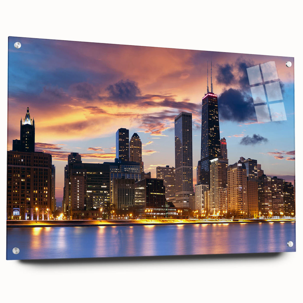 Acrylic print of a large abstract depiction of the Chicago skyline in cool blue and gray tones.