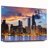 Acrylic print of a large abstract depiction of the Chicago skyline in cool blue and gray tones.