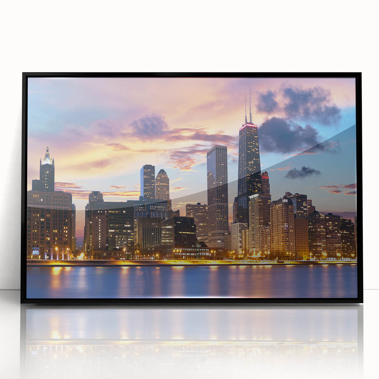 Large abstract wall art of Chicago skyline in muted gray and blue tones on a framed acrylic.