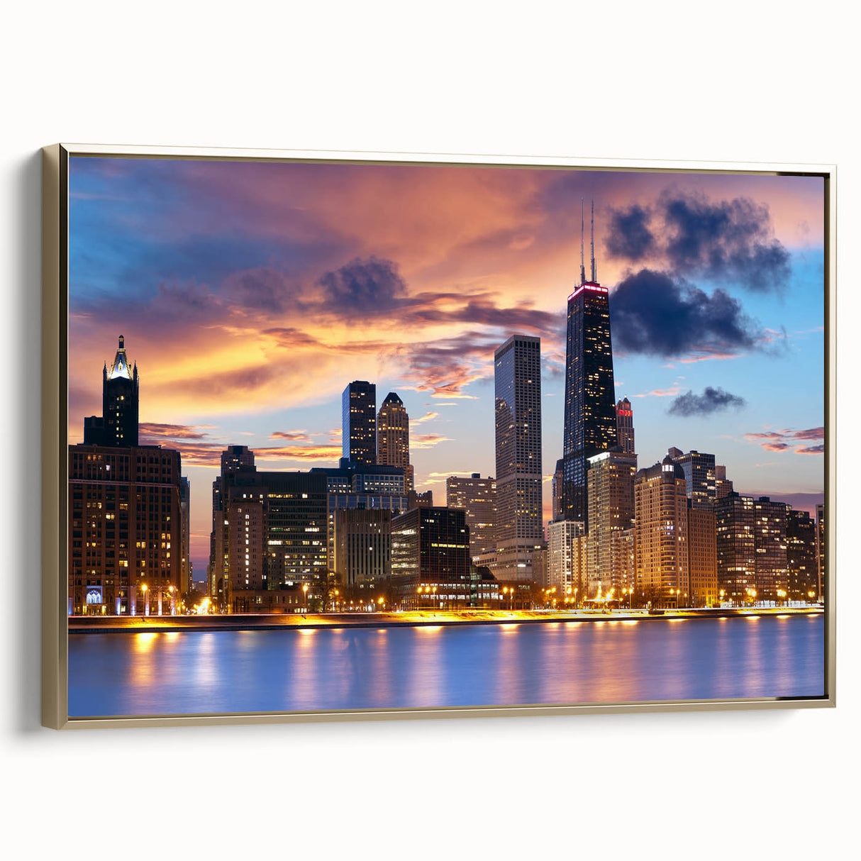 Framed canvas of Chicago skyline in black and gold tones, suitable for bedroom wall art.