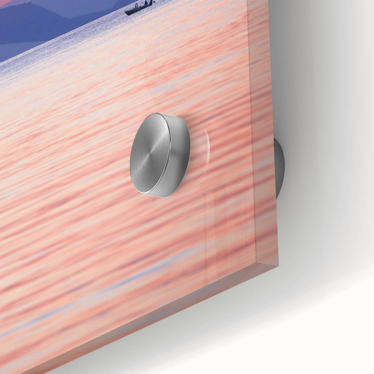 Large abstract wall art of Lake Michigan in muted blue tones on acrylic glass, ideal for dining room ambiance.