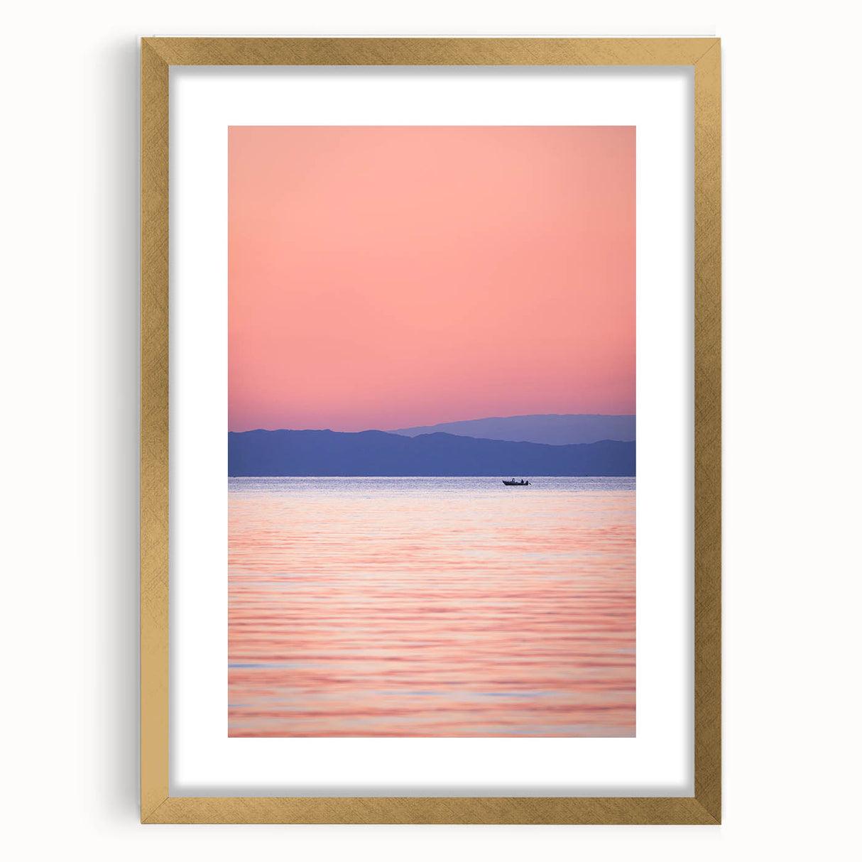 Extra large framed abstract art print depicting Lake Michigan in muted blue and gray tones, ideal for living room decor.