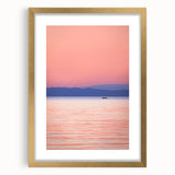 Extra large framed abstract art print depicting Lake Michigan in muted blue and gray tones, ideal for living room decor.