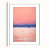 Abstract art print of Lake Michigan with muted blue and gray tones on a white framed canvas.