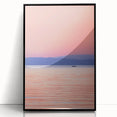 Large abstract wall art of Lake Michigan with mid-century modernist style in muted blue tones, acrylic print framed in black.