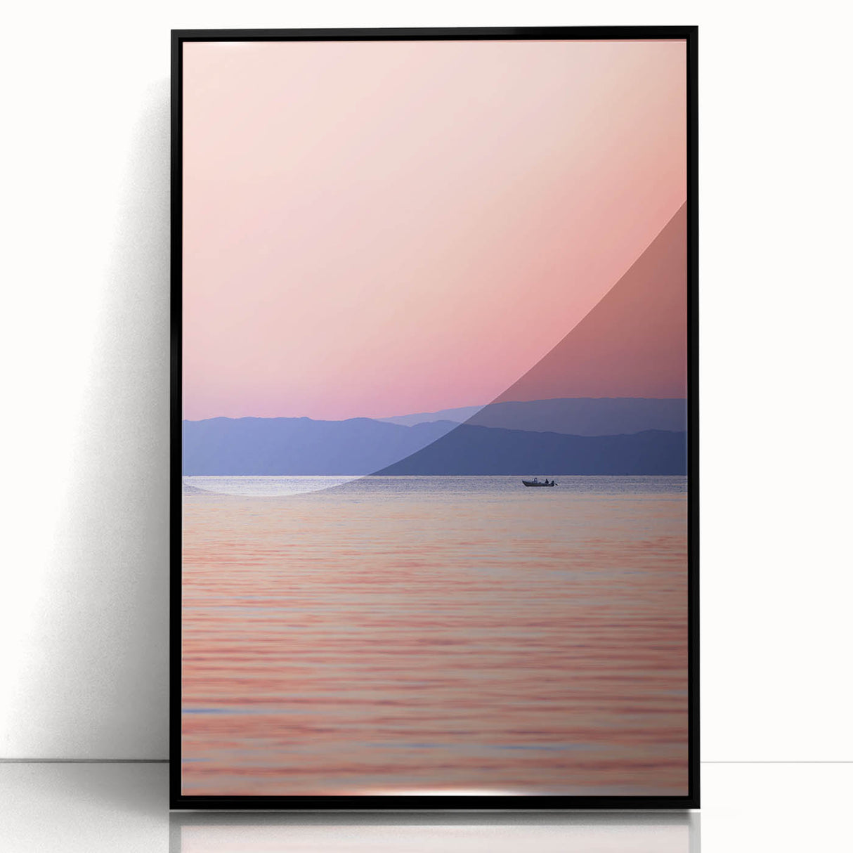 Large abstract wall art of Lake Michigan with mid-century modernist style in muted blue tones, acrylic print framed in black.