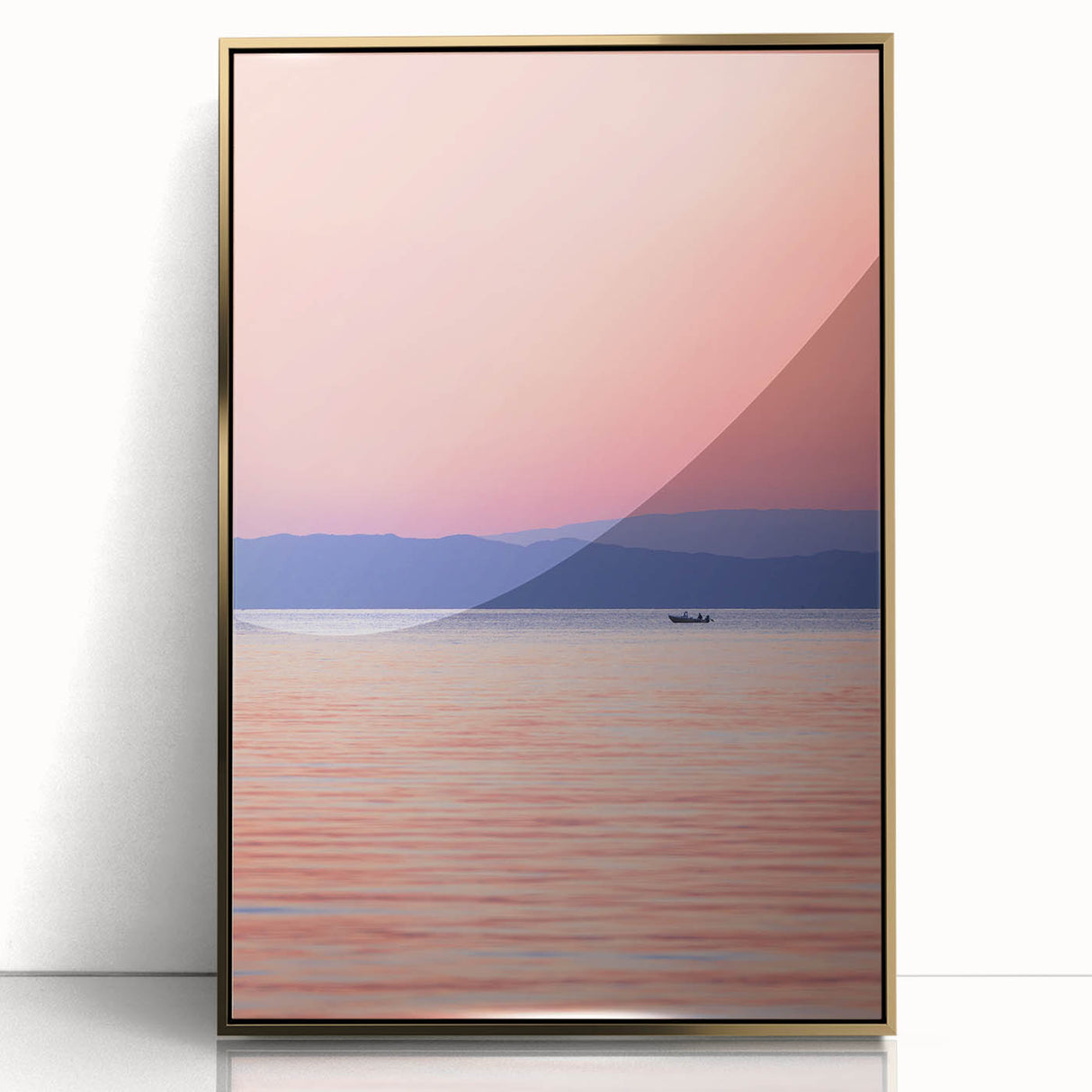 Framed acrylic print of Lake Michigan with a mid-century modernist style, featuring muted blue and gold tones.