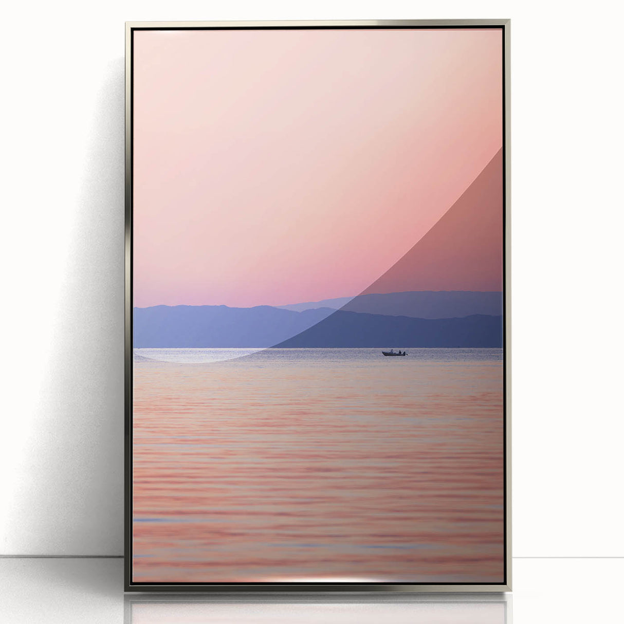 Mid-century modernist art of Lake Michigan, with muted blue and silver tones on framed acrylic.