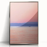 Mid-century modernist art of Lake Michigan, with muted blue and silver tones on framed acrylic.