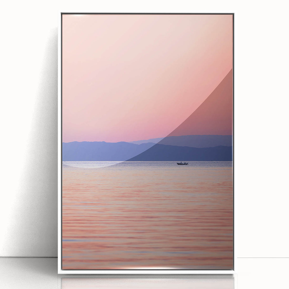 Art deco poster of Lake Michigan with a serene blue palette on a framed acrylic.
